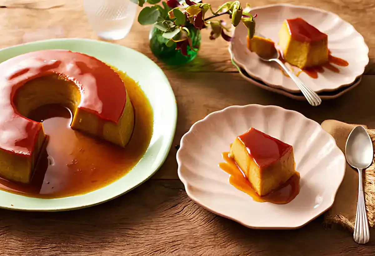 Uma mesa com prato de pudim de abóbora.