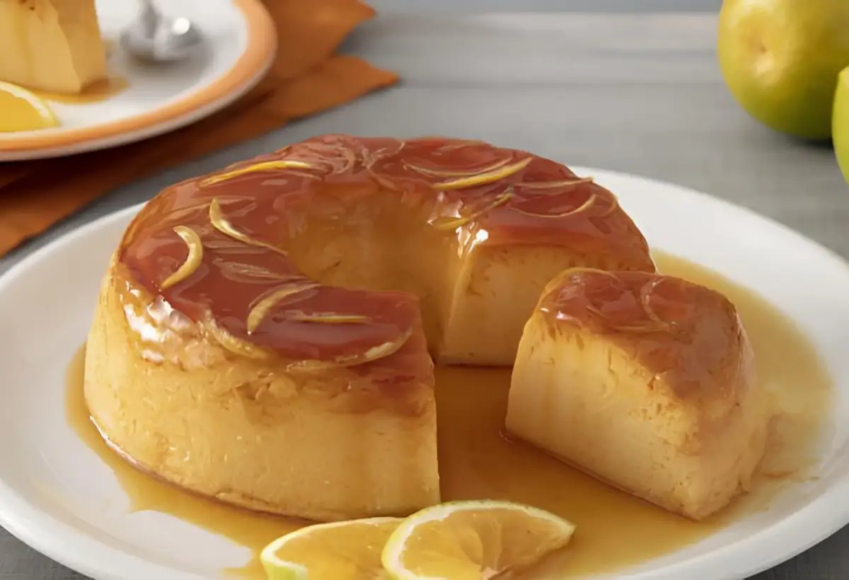 Um prato com um pudim de laranja feito com a receita portuguesa.