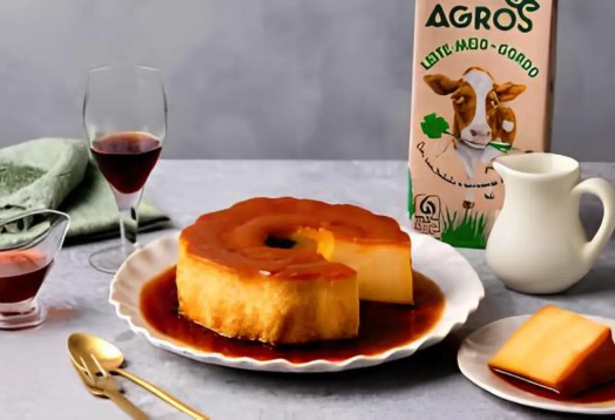 Uma mesa decorada com um pudim de ovos e vinho tinto.