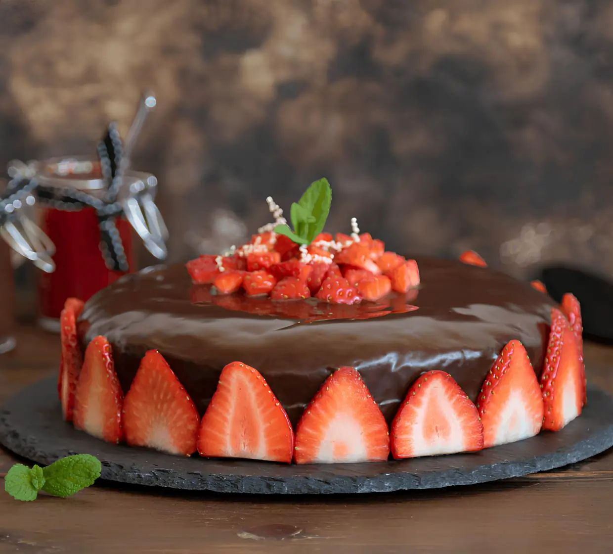 Um prato com bolo de chocolate com morango em cima da mesa.