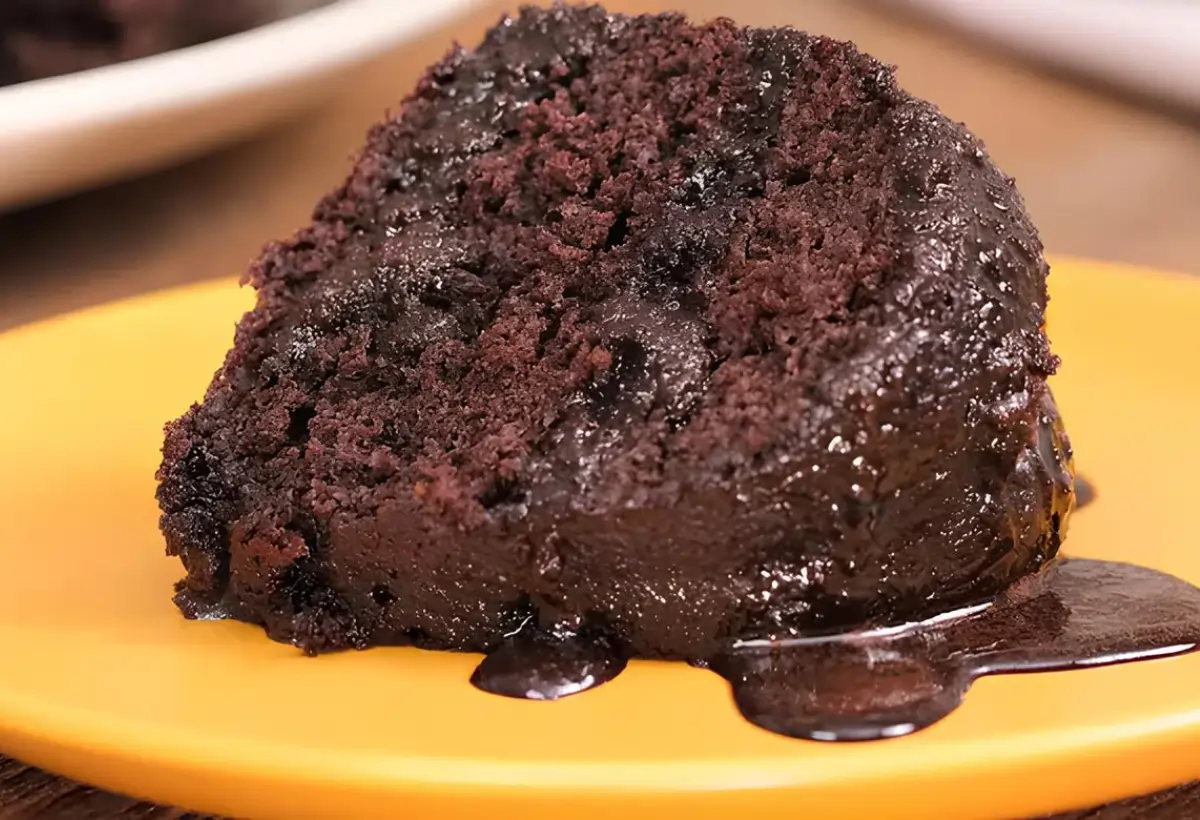Um prato com uma fatia de bolo de chocolate.