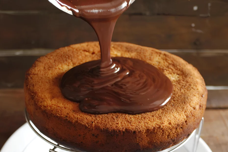 Um bolo com uma cobertura de chocolate sem leite condensado.