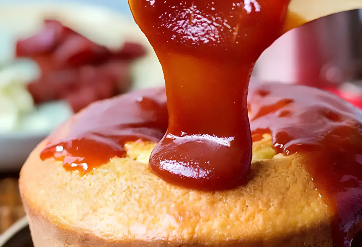 Um bolo de fubá com calda de goiabada.