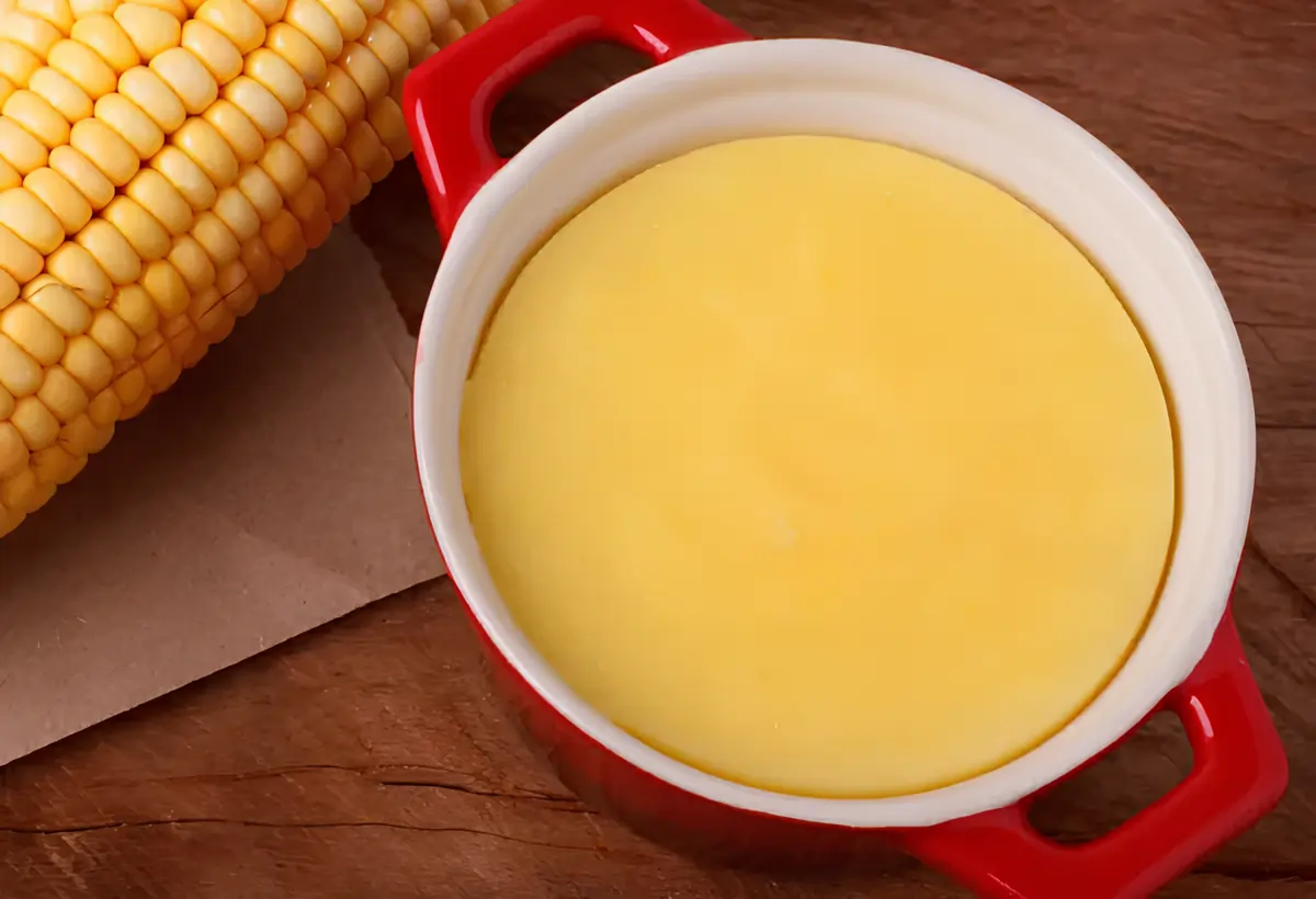 uma panela com curau de milho com leite condensado.