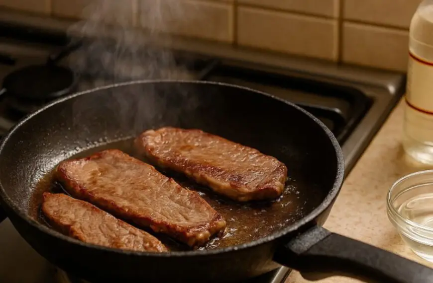 bife sendo preparado em uma frigideira