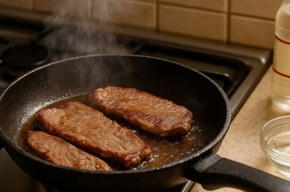 bife sendo preparado em uma frigideira
